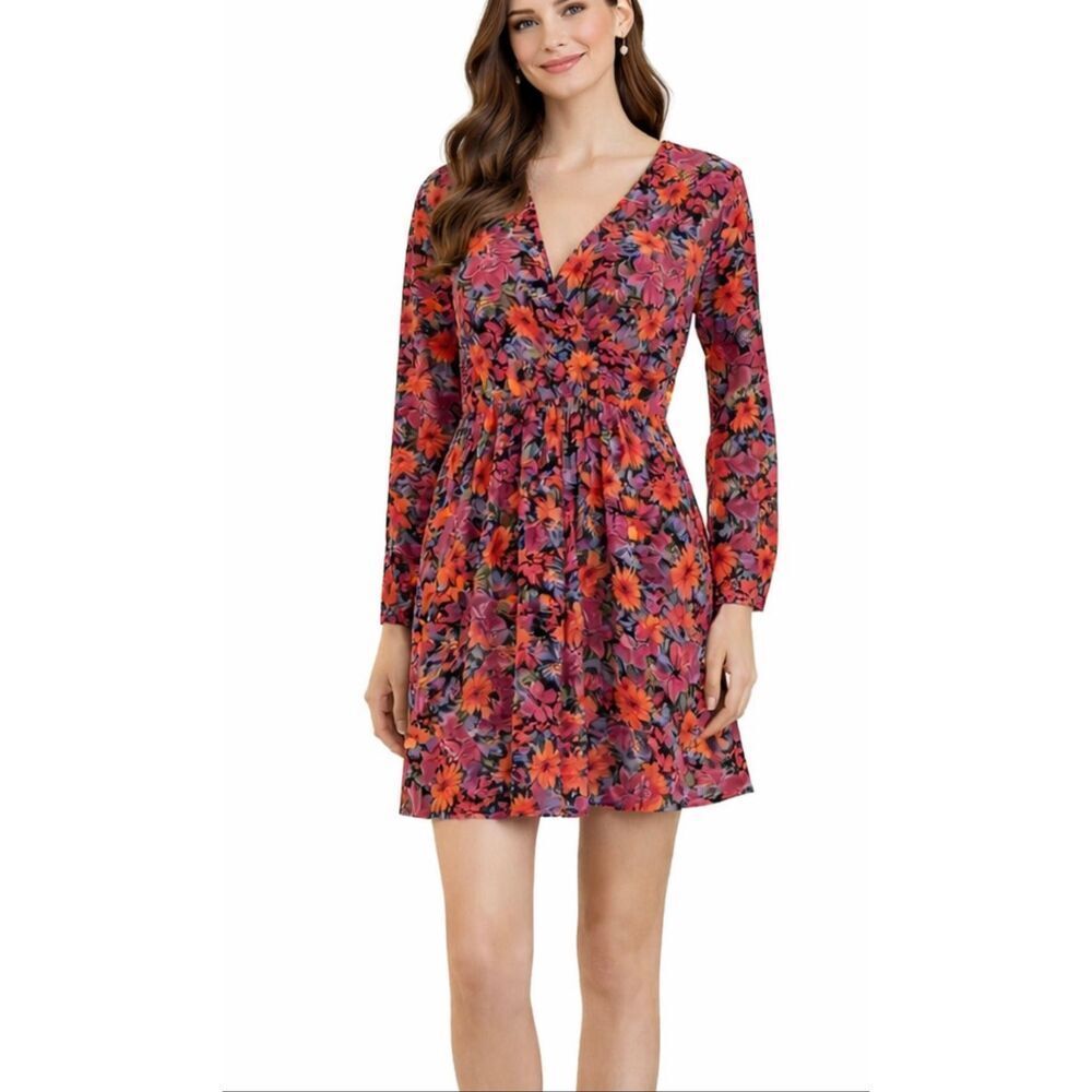 Anna Kay orange and pink floral faux wrap long sleeve dress m